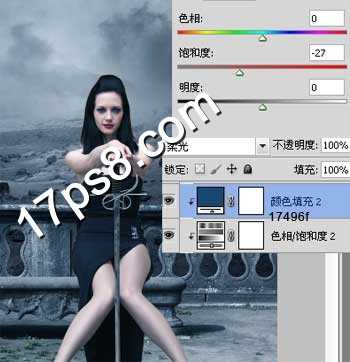 photoshop合成手握利剑的美女与怪兽雕像在一起的场景