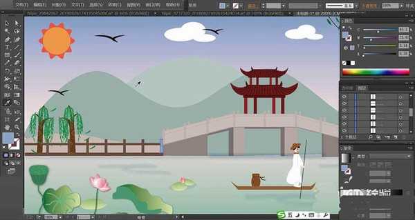 ai怎么绘制小桥荷塘的风景插画? ai画荷塘风景插画的教程