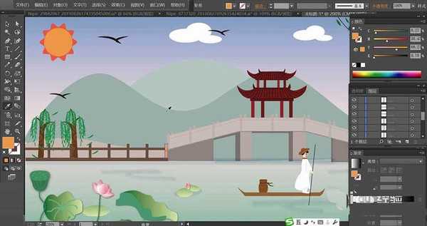 ai怎么绘制小桥荷塘的风景插画? ai画荷塘风景插画的教程